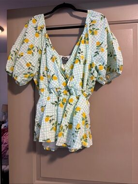 ARULA Mint and Yellow Lemon Print Puff Sleeve Peplum Top